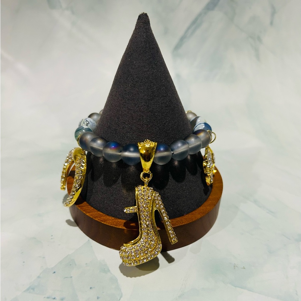 Gold Crystal High Heel Charm Bracelet - Frosted Blue Beads